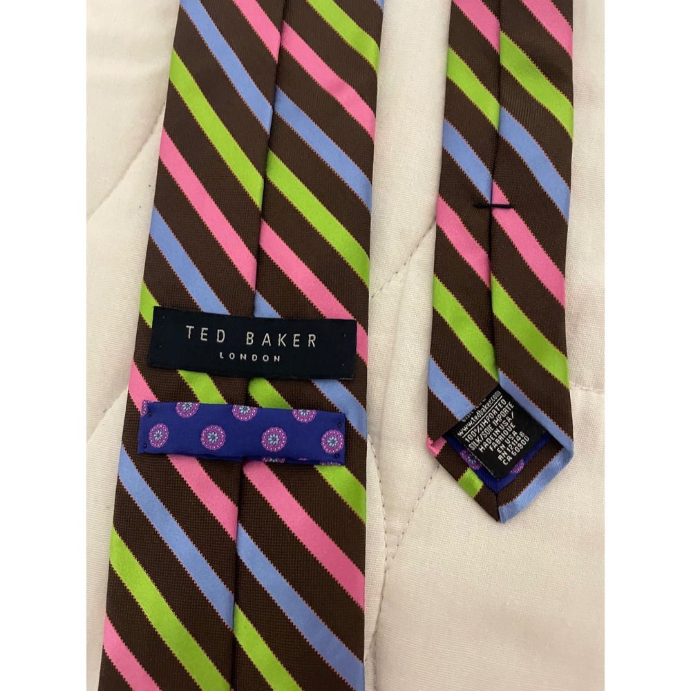 Ted Baker London Mens Silk Tie Brown Pink Green Blue Striped RN 121148